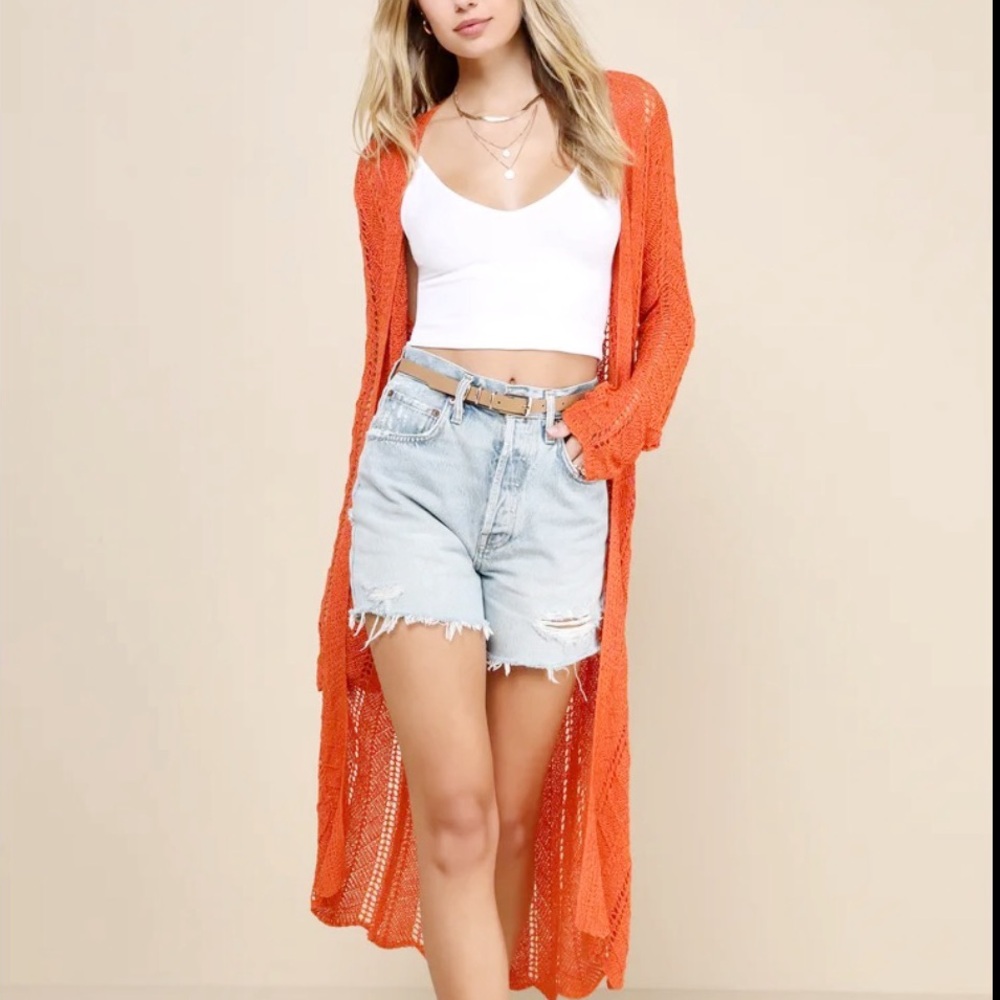 LULU’S New Orange Knit Cardigan Sweater MIDI Lightweight NWOT Size Medium